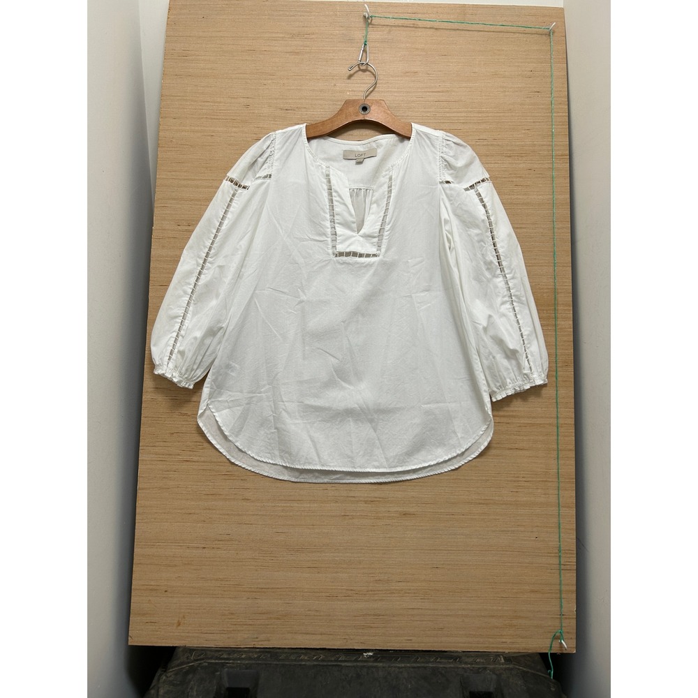 LOFT Womens White Cotton Ladder Stitch Split Neck 3/4‎ Sleeve Peasant Blouse S